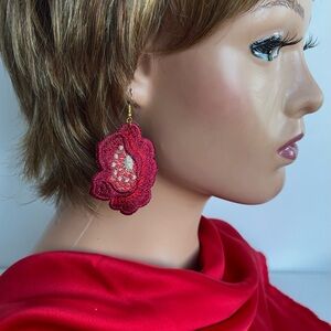 Red silk lace earrings 4”